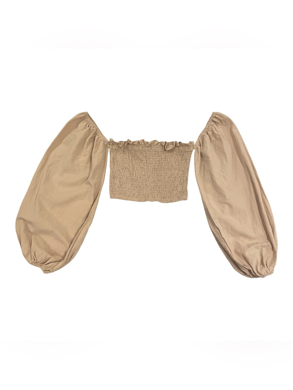 Nasty Gal Smocked Puff Sleeve Crop Top Cream/Beige Ruched Size 6